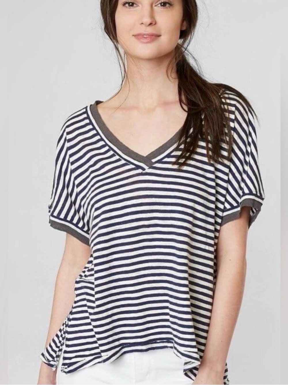 Free People We The Free Blue White Stripe Tee XS Relaxed V Neck Top